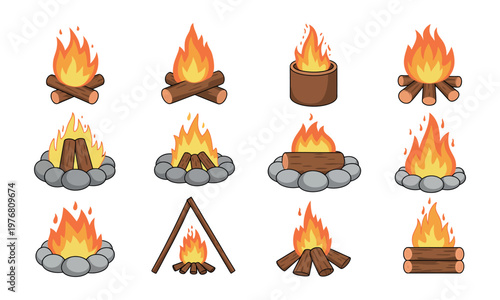 Campfire flames icons with burning wood logs and fire pits camping bonfire symbols outdoor adventure vector illustration