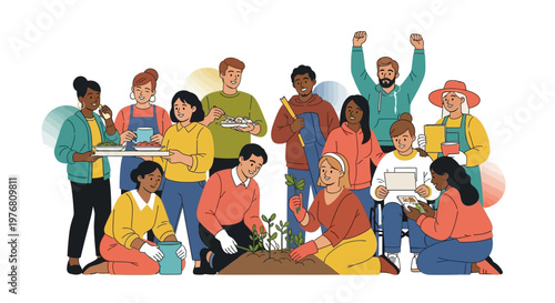 Colorful illustration of a diverse group of farmworkers and activists planting seedlings and holding signs in support of agriculture, with a clean, modern design conveying a sense