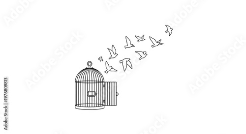 Birds fly free from cage symbol of freedom liberation and escape
