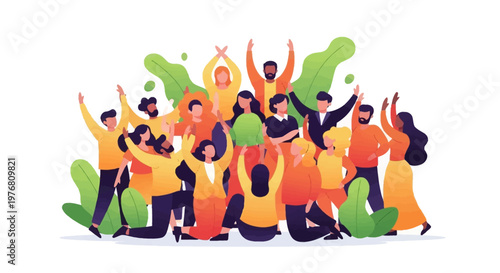Illustrated diverse group of people celebrating together with raised arms against a clean white background, rendered in a vibrant flat style to convey a sense of global unity and community