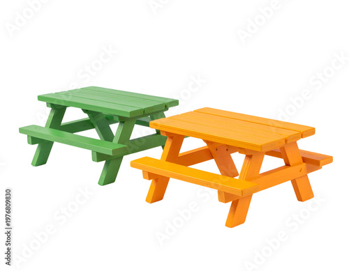 Two miniature wooden picnic tables, one green, one orange