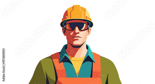 A cartoon-style worker, an illustration in a vector design, stands confidently in a yellow hard hat and orange overalls, against a clean white background, in a simple composition