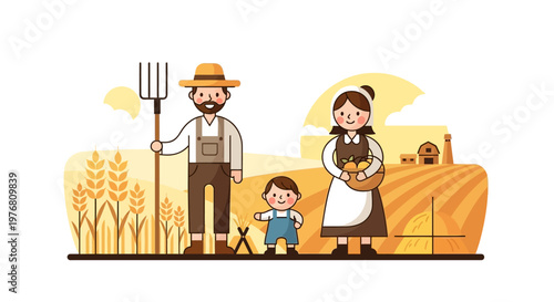 Full-shot vector illustration of a happy farmworker family with a young child standing in a wheat field, the man holding a pitchfork, against a clean background conveying a warm