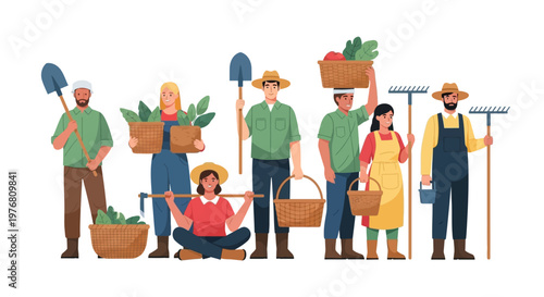 Colorful vector illustration showing a diverse group of farmworkers and activists standing together, holding tools and baskets of produce, set against a clean white background in a tribute