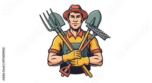 Illustration of a determined farmworker character with crossed arms against a clean white background, holding gardening tools like a shovel, rake, and pitchfork, conveying a sense