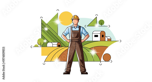 An illustration depicting a confident farmworker standing in a field with hands on hips, rendered in a flat vector style with a bright, optimistic mood, set against a clean white background