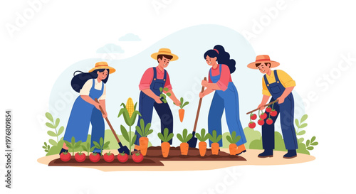 In a detailed vector art illustration, a group of farmworkers wearing straw hats harvests crops like carrots and tomatoes in a field, set against a clean white background to convey a joyful