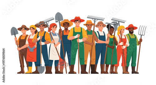 An inspiring vector art illustration portraying a diverse group of farmworkers and activists, symbolizing Cesar Chavez day, with each character holding tools of agriculture against a clean