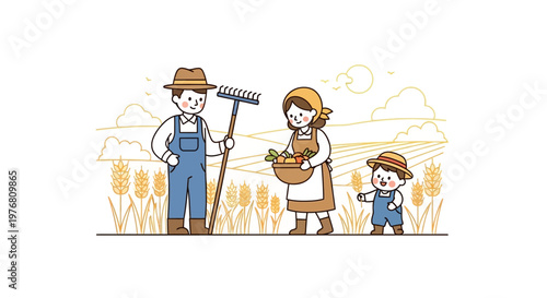 A delightful vector illustration depicts a happy farmworker family of three, with the father holding a rake and the mother carrying a basket of harvested vegetables, set against a clean