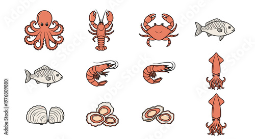 Collection of stylized seafood illustrations including octopus, lobster, crab, fish, shrimp, and shellfish