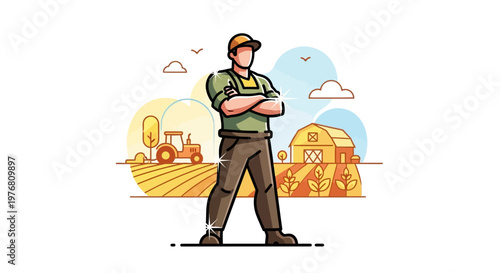 A farmworker character illustration with a strong, confident pose in a flat design, shows a civil rights advocate standing in front of a farm with a tractor, conveying a sense