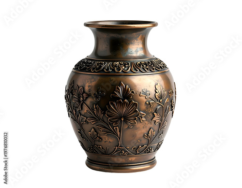 Ornate bronze vase with floral relief, white background