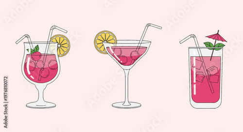 Flat vector illustration set of three pink cocktails including a martini with lemon, a hurricane glass with berries, and a tall highball drink with ice, mint, and a pink umbrella.