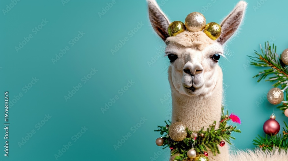 Fototapeta premium Cheerful Llama with Festive Christmas Decorations and Holiday Ornaments Against a Bright Turquoise Background