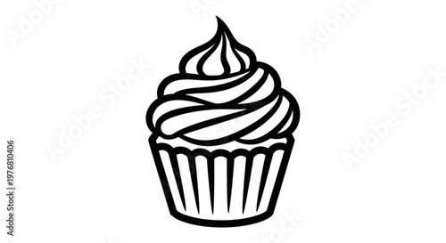 Black and white cupcake illustration with swirled icing design on white background