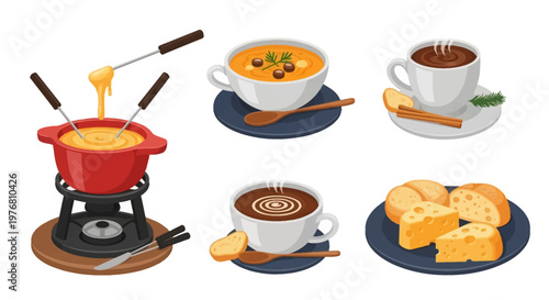 Vector illustration set featuring cheese fondue in a red pot, pumpkin soup with croutons, hot chocolate with cinnamon sticks, coffee with foam, and sliced cheese with bread rolls.