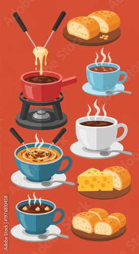 Flat vector illustration collection featuring a red fondue pot with melting cheese, cups of hot chocolate and coffee with steam, sliced crusty bread, and a wedge of Swiss cheese on red.