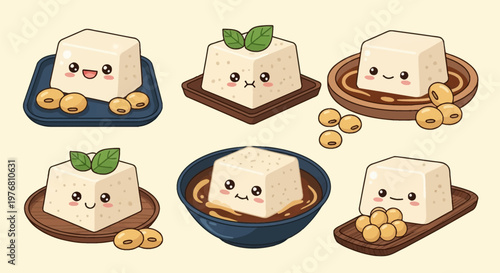 Set of six cute cartoon tofu character illustrations with smiling faces, presented on plates and bowls with soybeans and sauce, flat vector style food graphics on cream background.