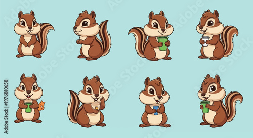 Vector set of eight cartoon chipmunk characters in various poses, featuring brown and cream fur with stripes, some holding cups, isolated on a light blue background illustration.