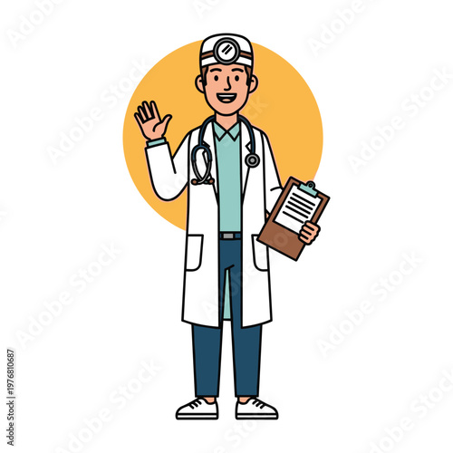 Friendly Doctor Waving Hello with Stethoscope and Clipboard, Medical Cartoon