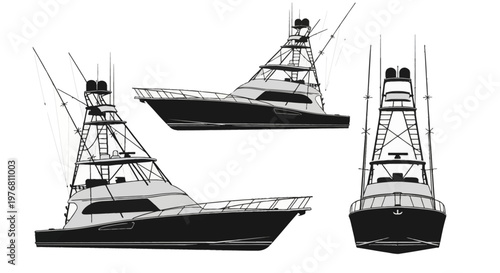 Set of three black and white silhouettes of a modern luxury sportfishing yacht showing side profile, front-quarter, and bow views with outriggers, tuna tower, and fishing rods.