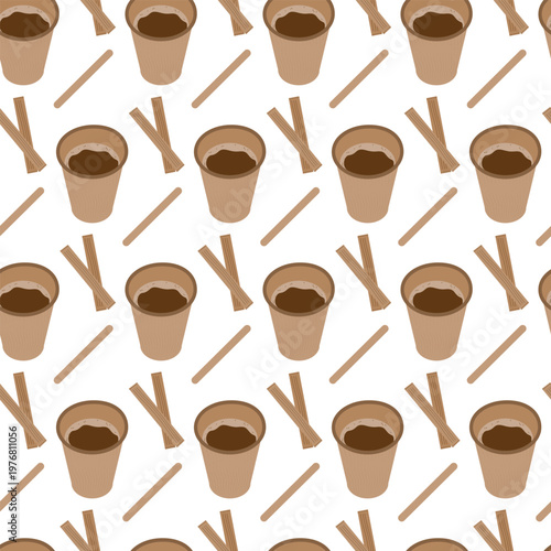 Disposable Paper Cup with coffee Sugar and wooden stick Seamless Pattern Delivery or Cafe Background. Vector illustration Packing paper backdrop Media Print or promo materials Banner, leaflets, price