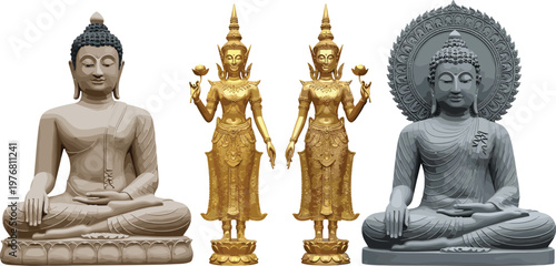 Buddha and Thai Deity Statues Vector Illustration Set with Golden and Stone Sculptures Spiritual Asian Religious Art Collection
