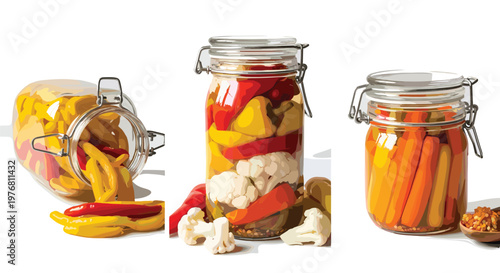 Pickled Vegetables in Glass Jar Vector Illustration Set with Fermented Carrots Peppers and Cauliflower Preserved Food Collection