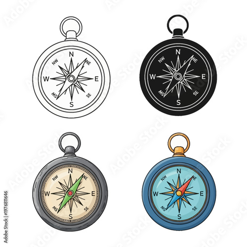 Set of four distinct compass vector illustrations: a minimalist line art outline, a solid black silhouette, a vintage hand-drawn style, and a vibrant colorful modern design.