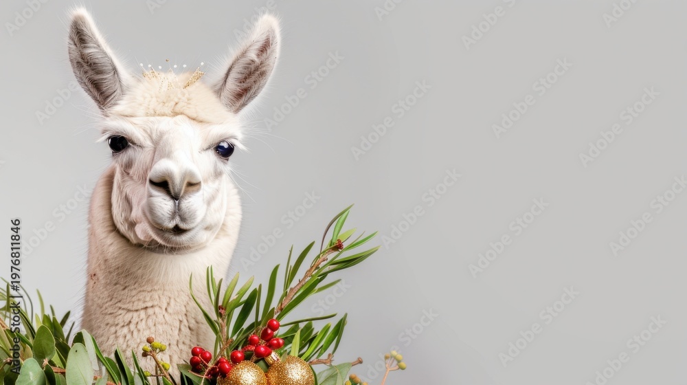 Fototapeta premium Christmas-themed llama portrait with festive decorations and greenery on a neutral background