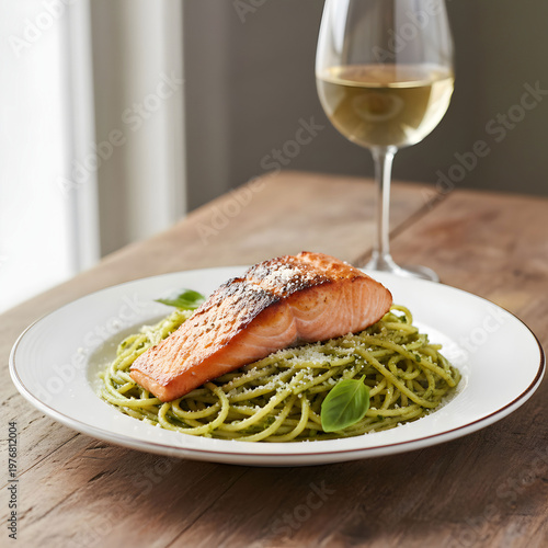 Spaghetti pesto with grilled salmon