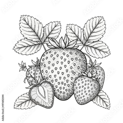 Detailed hand-drawn botanical illustration of a strawberry cluster featuring ripe berries, serrated leaves, and a sliced fruit section in a vintage black and white engraving style.