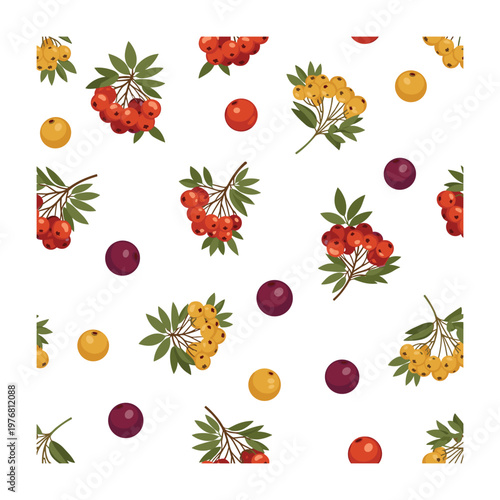 Seamless pattern of red and yellow berries and green leaves on white background.
