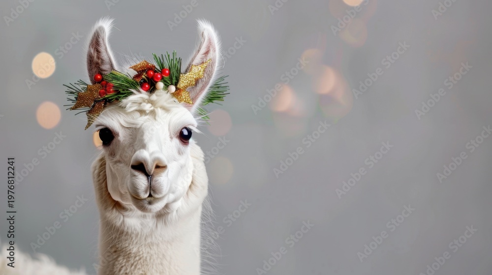 Fototapeta premium Cheerful White Llama with Holiday Wreath Accessory Against Blurred Background of Christmas Lights