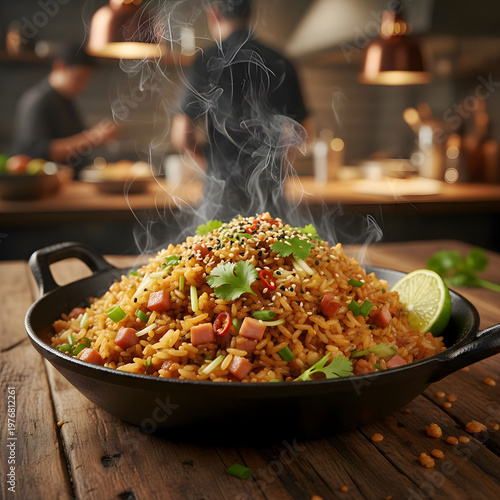 Ham fried rice with herbs and spices