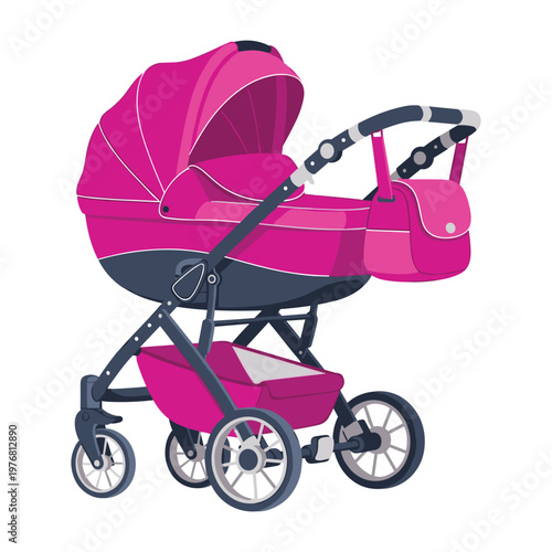 Pink Baby Stroller with Matching Bag - Isolated Illustration