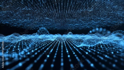 A mesmerizing digital landscape of interconnected blue nodes and glowing lines stretches into the distance, creating a futuristic and abstract visual experience.