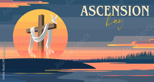 Ascension Day with Draped Cloth on Cross by Ocean Horizon with Warm Sunset Banner Design