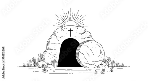 A black and white drawing of an empty tomb with a cross on top isolated on transparent background, isolated on white background, Vector