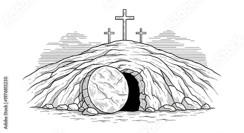 A black and white drawing of a tomb with three crosses on a hill isolated on transparent background, isolated on white background, Vector