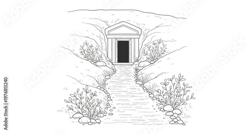A black and white drawing of a small greek temple isolated on transparent background, isolated on white background, Vector