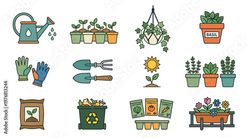 Colorful gardening tools and plants icons.