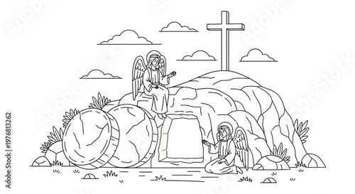 A black and white drawing of two angels near a grave with a cross isolated on transparent background, isolated on white background, Vector