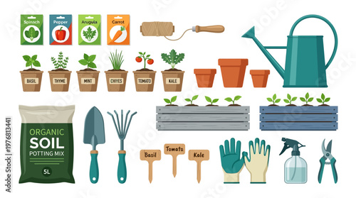 Gardening tools and supplies collection.