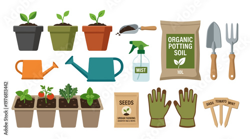 Gardening tools and supplies for plants.