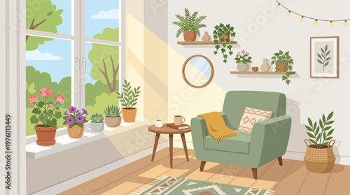 Green armchair with colorful pillows inside.