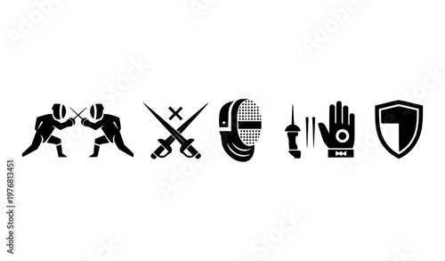 Title:
Fencing glyph icons set with bold duel silhouettes crossed swords and sport equipment symbols for branding