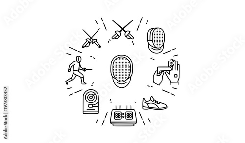 Title:
Fencing outline icons collection with thin line swords mask and athlete symbols for modern sports UI design