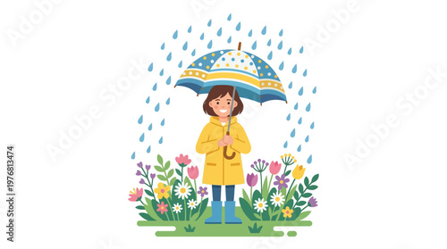 Little girl in yellow raincoat standing.