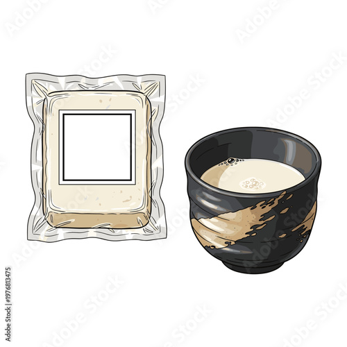 Sake Drink in Traditional Cup and Sealed Packaging